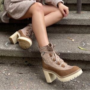 Dolce Vita X Anthropologie Celida Tan Lace Up Platform Nylon Hiking Heel Boots